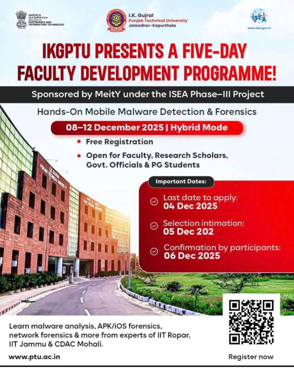 5-Day Faculty Development Programme (FDP) Hands-On Mobile Malware Detection & Forensics ?? 08th – 12th December 2025 ?? Hybrid Mode (Online + Offline)